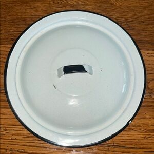 Vintage White Enamelware Lid with Black Trim and Handle